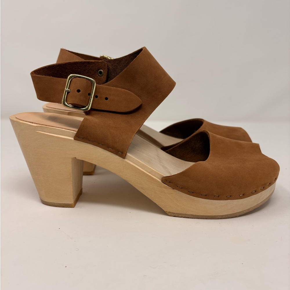 Bryr Miranda Slingback Peep Toe Wooden Clogs Caramel Leather Size 41 - Picture 6 of 10